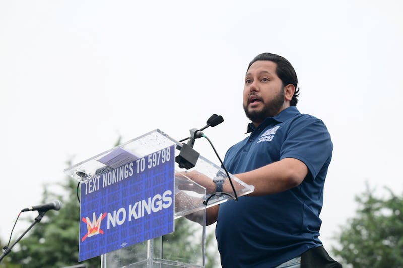 PHILADELPHIA, PENNSYLVANIA - JUNE 14: Naveed Shah speaks as people protest in Philadelphia as part of the No Kings Rallies at Love Park on June 14, 2025 in Philadelphia, Pennsylvania. (Photo by Lisa Lake/Getty Images for No Kings)