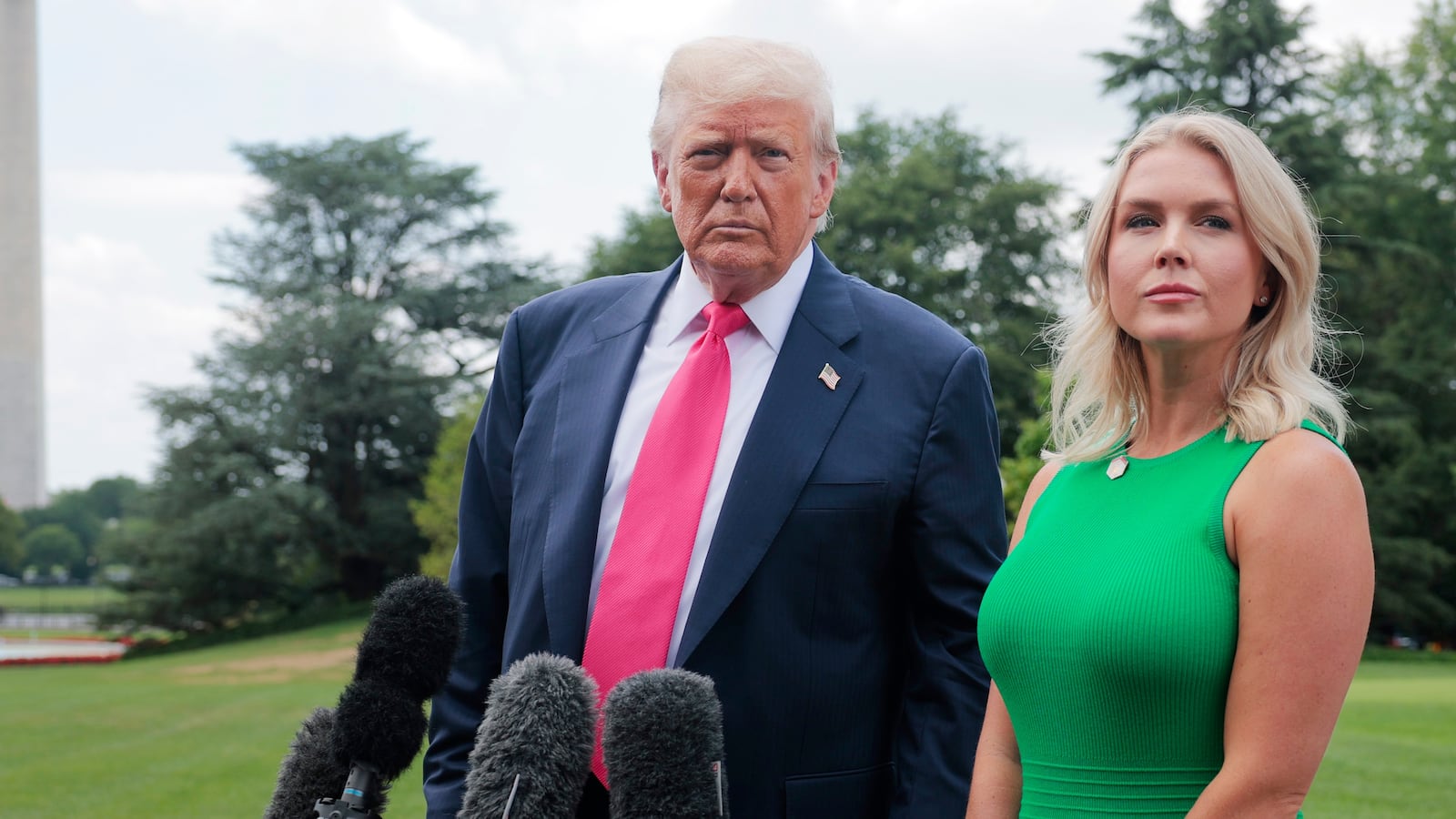 President Donald Trump, joined by White House Press Secretary Karoline Leavitt, speaks to the media as he departs the White House on July 15, 2025 in Washington, DC.