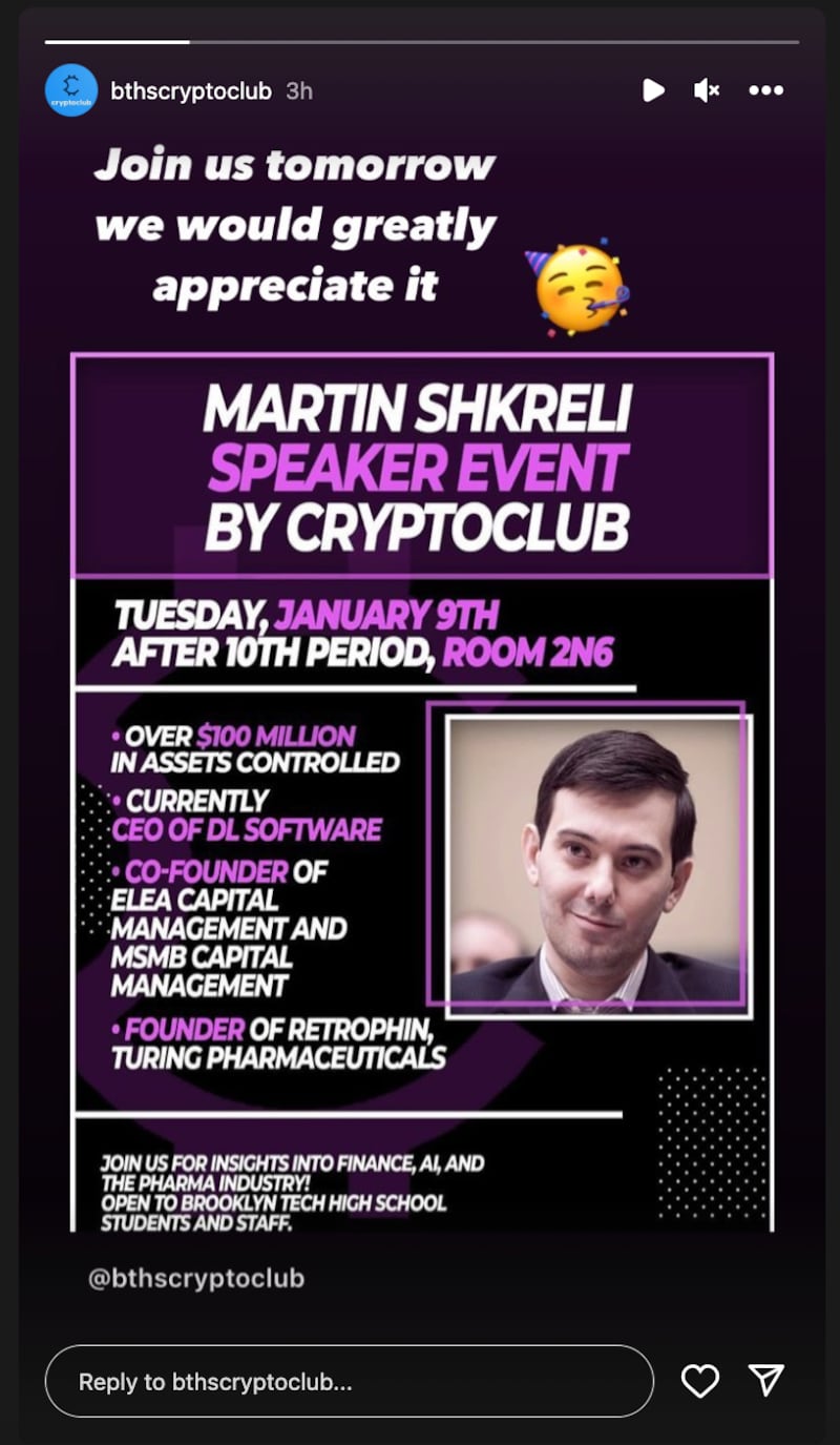 A flyer promoting Martin Shkreli’s planned event.