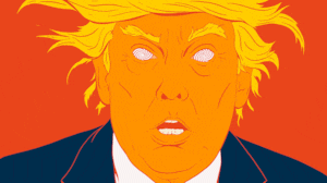 Donald Trump looking shocked with crazy hair and spinning spirals in his eyes