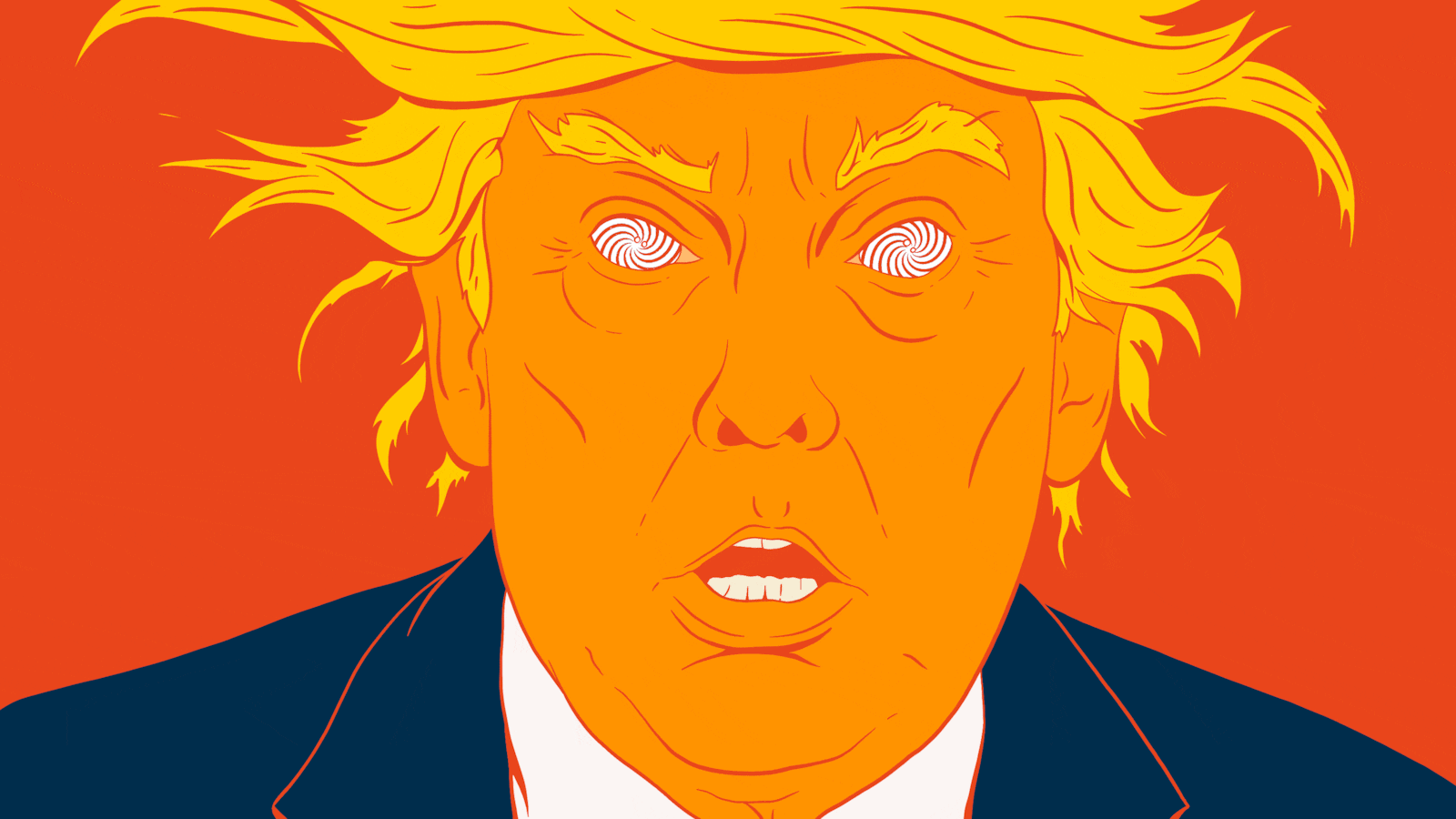 Donald Trump looking shocked with crazy hair and spinning spirals in his eyes