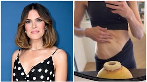 On left, Mandy Moore poses backstage at The Tonight Show Starring Jimmy Fallon on Monday, December 18, 2023; on right, Moore shows her postpartum stomach in an Instagram video.