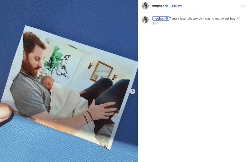 Meghan posted this previously unseen image of Harry to mark their son Archie’s seventh birthday.
