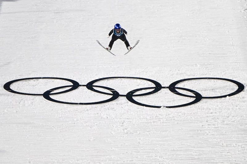 Japan's Sara Takanashi jumps during the first round of the women's ski jumping normal hill training of the Milano Cortina 2026 Winter Olympic Games at Predazzo Ski Jumping Stadium in Predazzo (Val di Fiemme), on February 5, 2026. (Photo by Javier SORIANO / AFP via Getty Images)