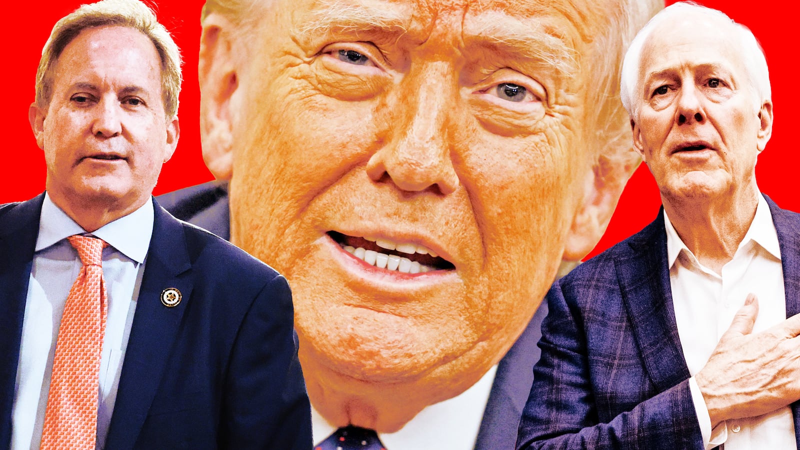 A photo composite of Donald Trump, Ken Paxton, and John Cornyn.