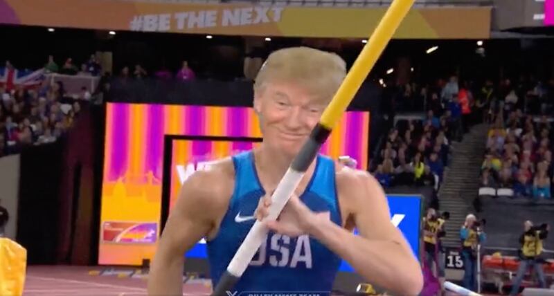 Donald Trump in a pole vaulting meme.