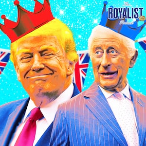 A photo illustration of Donald Trump and King Charles for The Royalist podcast.