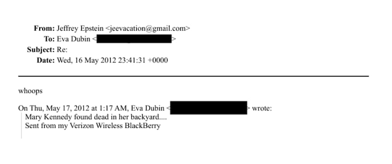 Email from Eva Dubin to Jeffrey Epstein about Mary Richardson Kennedy's suicide, and Epstein's response