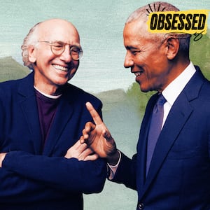 A photo illo illustration of Larry David and Barack Obama for the Obsessed podcast.