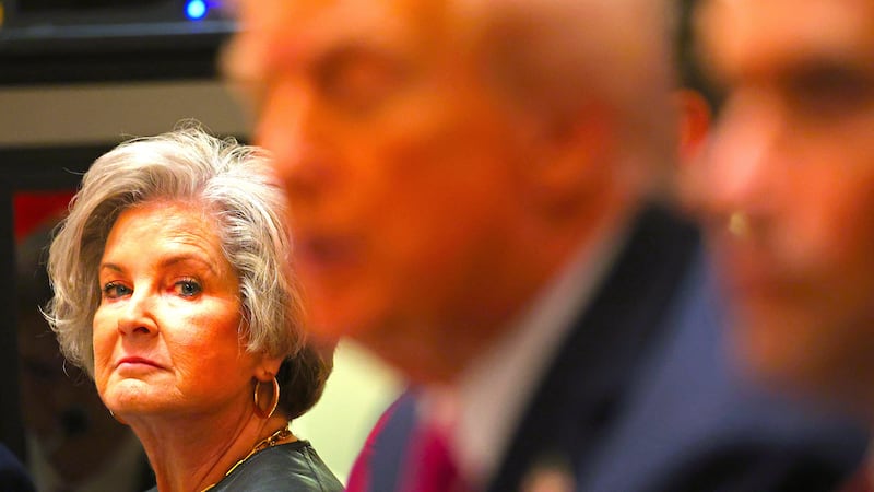 White House Chief of Staff Susie Wiles (L) looks on as US President Donald Trump (C) meets with unseen Ukrainian President Volodymyr Zelensky