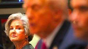 White House Chief of Staff Susie Wiles (L) looks on as US President Donald Trump (C) meets with unseen Ukrainian President Volodymyr Zelensky
