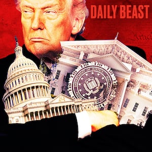 Donald Trump holding the US Capitol, The Supreme Court, The Department of Justice  seal and the White House.
