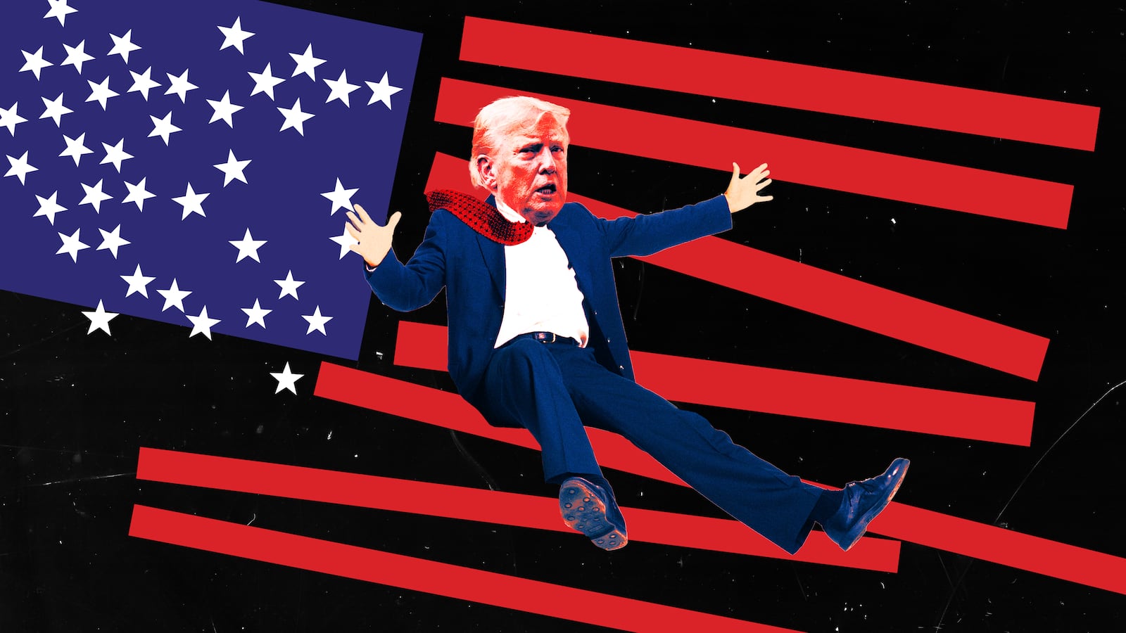 A photo illustration of President Donald Trump falling down a deconstructed American flag.