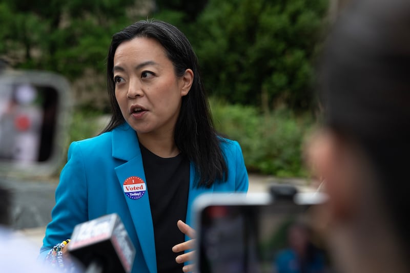 MADISON, WISCONSIN - AUGUST 11: Democratic Wisconsin Gubernatorial candidate Francesca Hong speaks to reporters after voting in the primary election on August 11, 2026 in Madison, Wisconsin. Recent polling has Hong with a substantial lead over her nearest Democratic rival David Crowley. (Photo by Scott Olson/Getty Images)