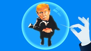 A photo illustration of Donald Trump inside a bubble about to be popped.