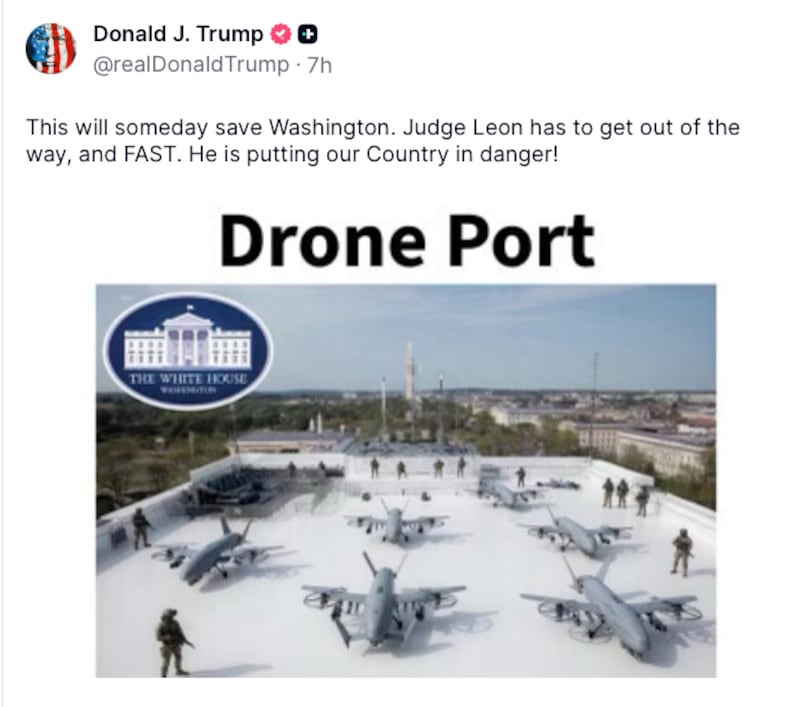 AI rendering of a White House “Drone Port” while attacking a federal judge who temporarily halted construction of his planned White House ballroom.