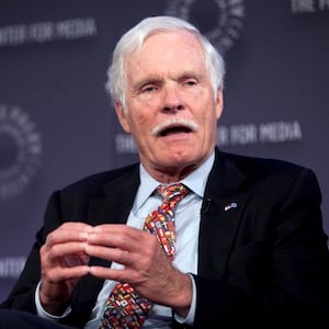 Ted Turner, founder of CNN, speaks on a panel after the screening of "Cold War", a documentary chronicling the events that fuelled the war between the United States and the Soviet Union, at the Paley Center for Media in New York April 29, 2012. REUTERS/Allison Joyce (UNITED STATES - Tags: POLITICS ENTERTAINMENT)