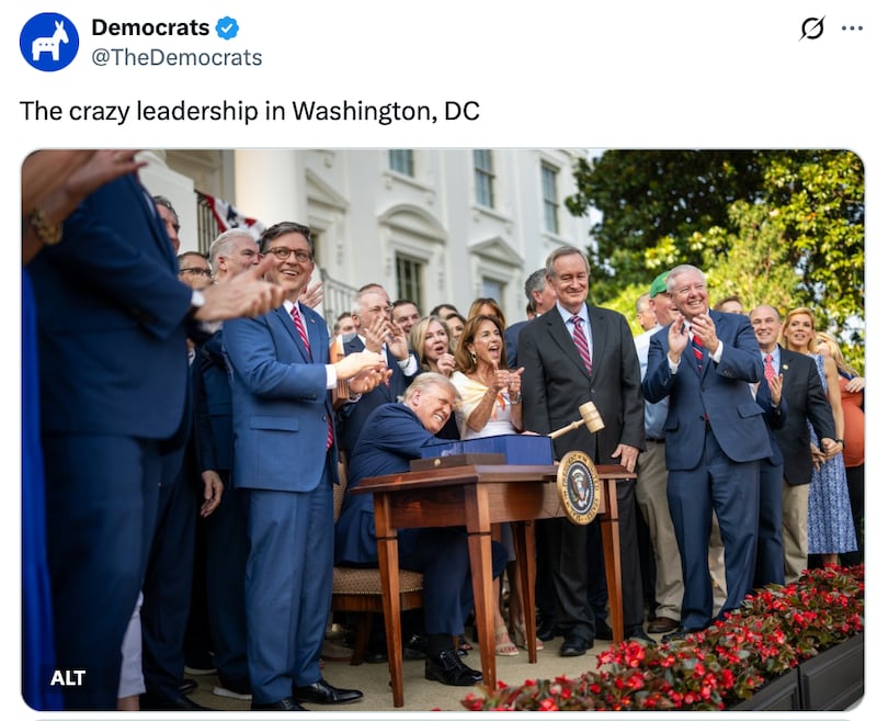 The official Democrats account shared a photo of Trump and Republican leaders at the White House under the caption: “The crazy leadership in Washington, DC.”