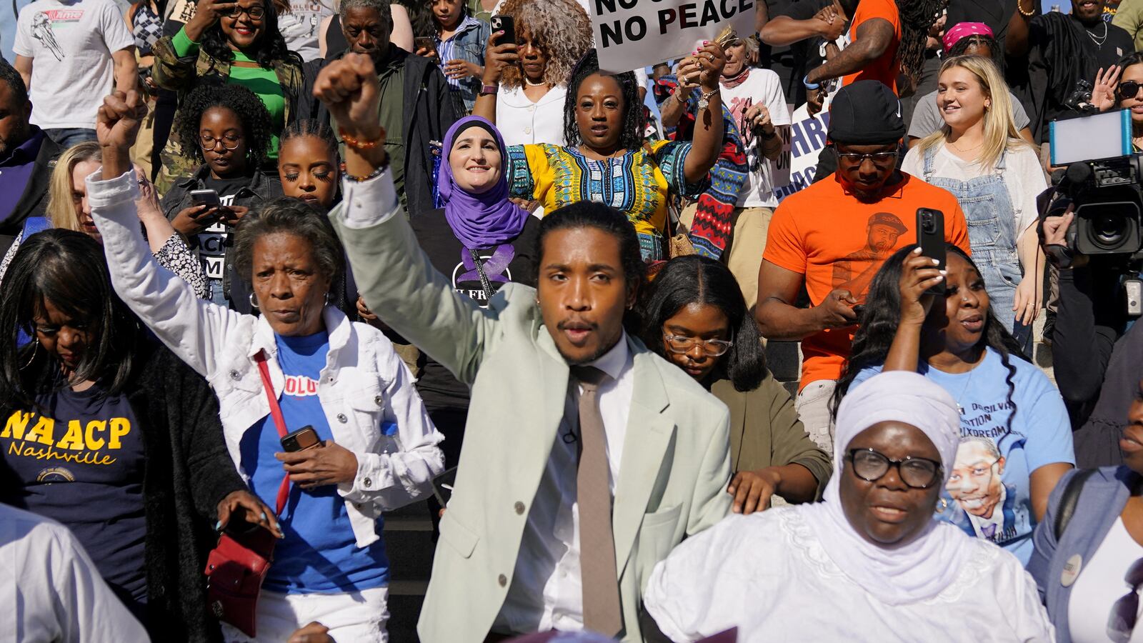 Representative Justin Jones leaves the Historic Metro Courthouse after being reinstated by the Metropolitan Council of Nashville and Davidson County with 36-0 votes
