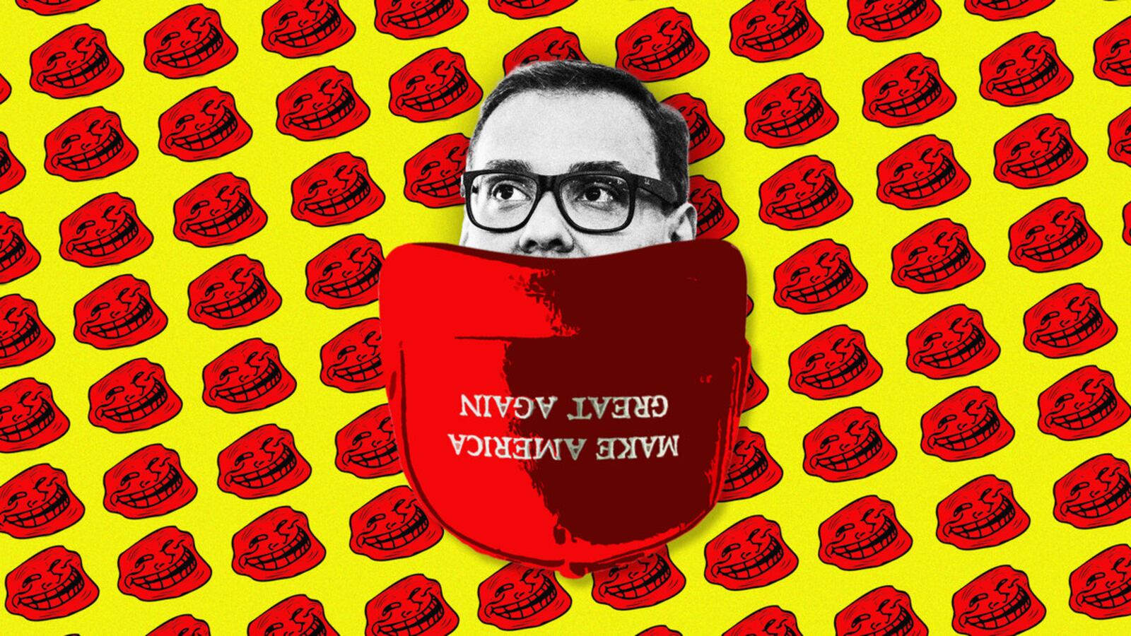 A photo illustration of George Santos peeking out of a MAGA hat.