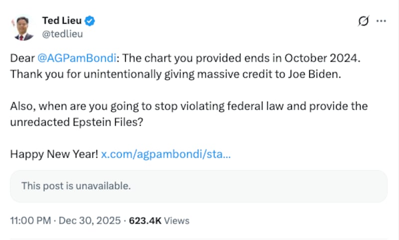 Ted Lieu's post calling out Pam Bondi.