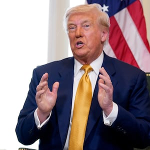 TURNBERRY, SCOTLAND - JULY 27: U.S. President Donald Trump speaks during a meeting with President of the European Commission Ursula von der Leyen at Trump Turnberry golf club on July 27, 2025 in Turnberry, Scotland. U.S. President Donald Trump is visiting his Trump Turnberry golf course, as well as Trump International Golf Links in Aberdeenshire, during a brief visit to Scotland from July 25 to 29. (Photo by Andrew Harnik/Getty Images)