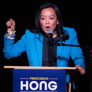MADISON, WISCONSIN - AUGUST 11: Wisconsin Democratic gubernatorial candidate Francesca Hong speaks to supporters during an election-night party on August 11, 2026 in Madison, Wisconsin. Recent polling had Hong with a substantial lead over her nearest Democratic rival David Crowley, but returns have shown a tight race throughout the evening with the two candidates trading slight leads. (Photo by Scott Olson/Getty Images)