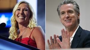 Split of Marjorie Taylor Greene and Gavin Newsom.