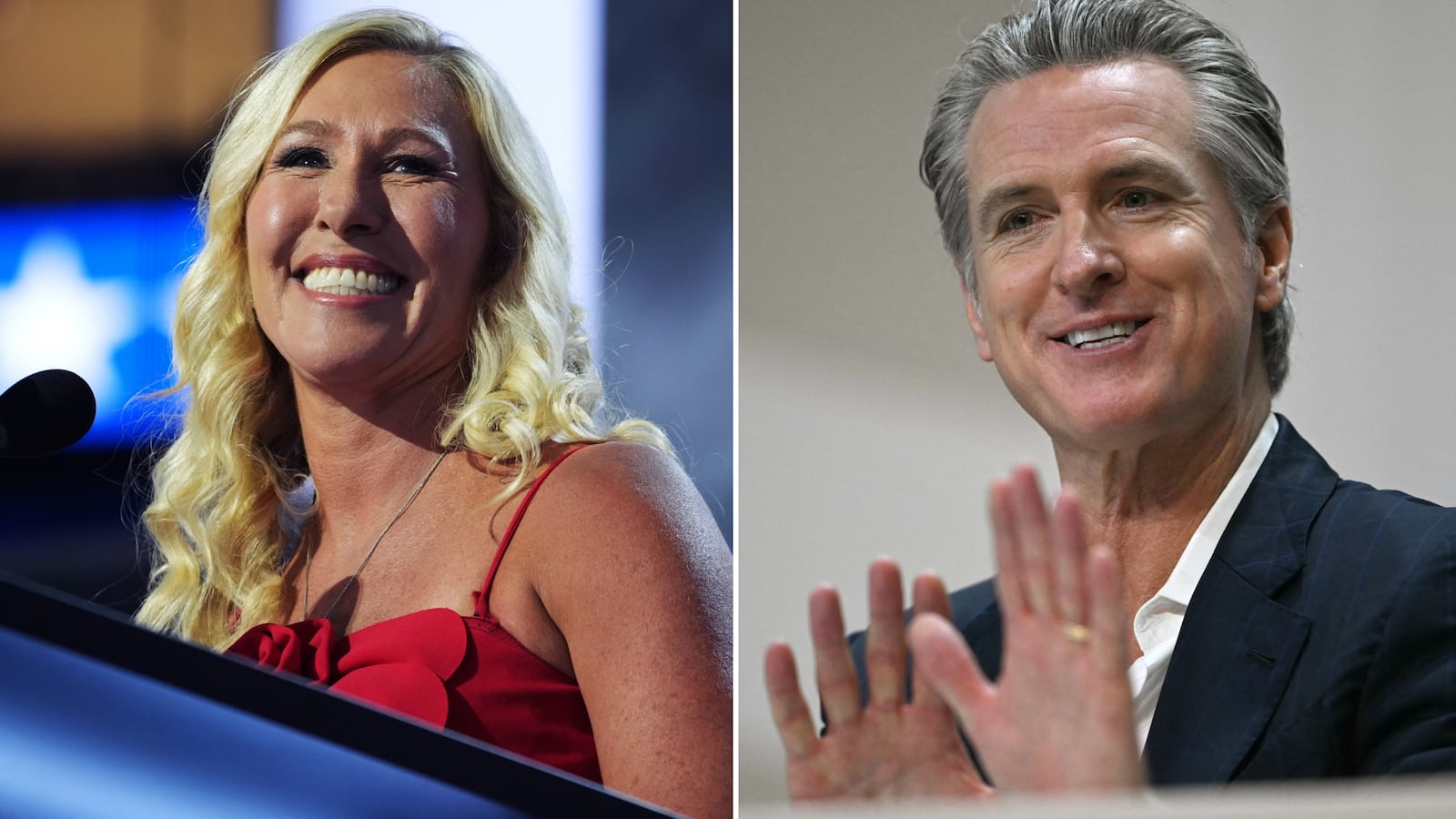 Split of Marjorie Taylor Greene and Gavin Newsom.