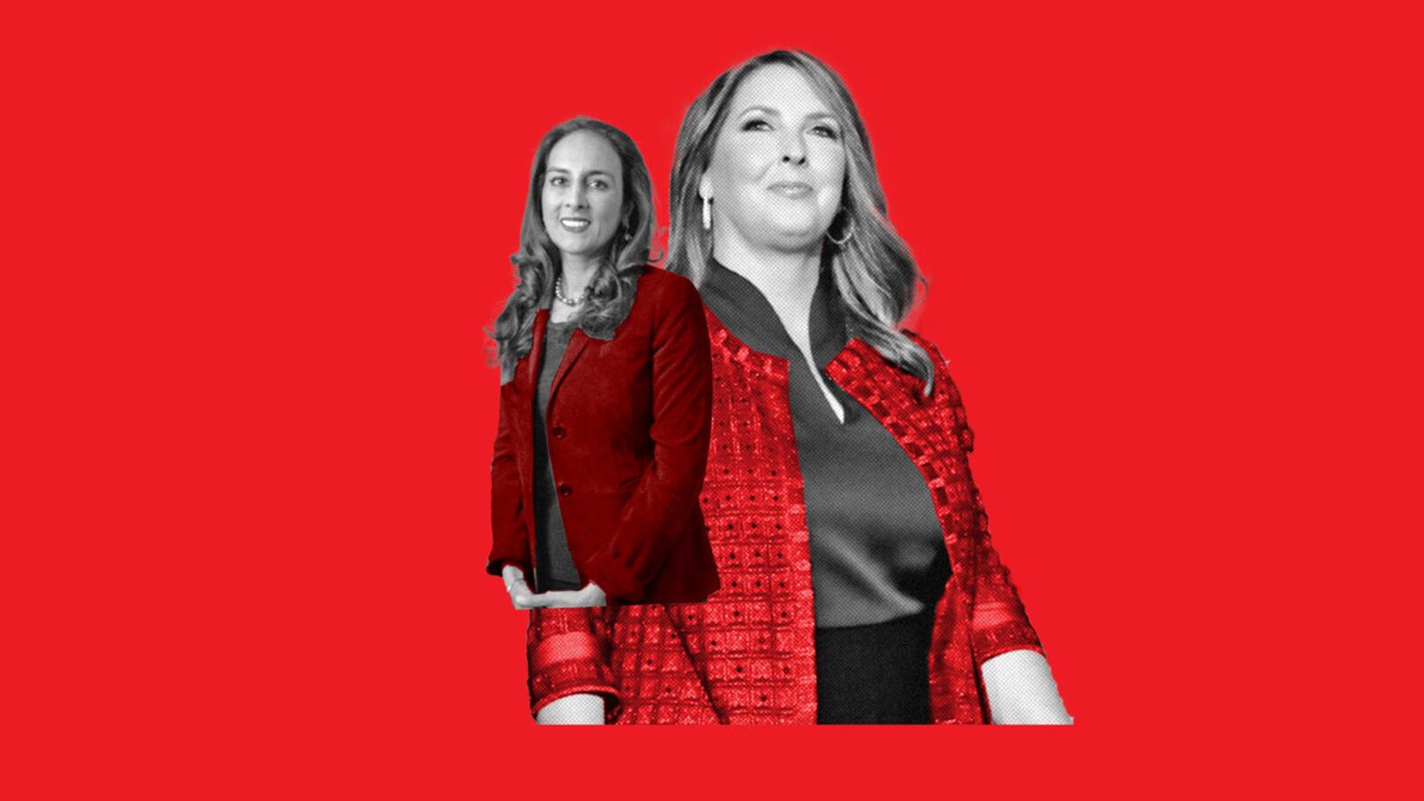 Photo illustration of Ronna McDaniel and her challenger Harmeet Dhillon