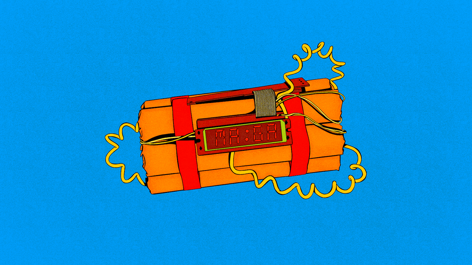 Illustration of dynamite in Donald Trump colors with "MAGA" flashing instead of numbers