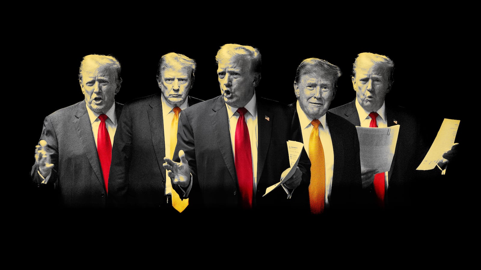 A photo illustration of composite of Donald Trump outside court.