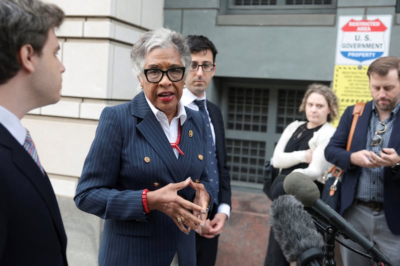 Representative Joyce Beatty (D-OH), ex officio member of the Kennedy Center Board of Trustees, speaks to the media outside the U.S. District Courthouse on the day of a hearing on a new legal challenge that seeks to block President Donald ‌Trump's name from being inscribed on the John F. Kennedy Center for the Performing Arts, in Washington, D.C., on August 27, 2026.