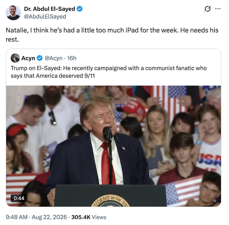 Abdul El-Sayed takes a jab at Donald Trump's close relationship with Natalie Harp.