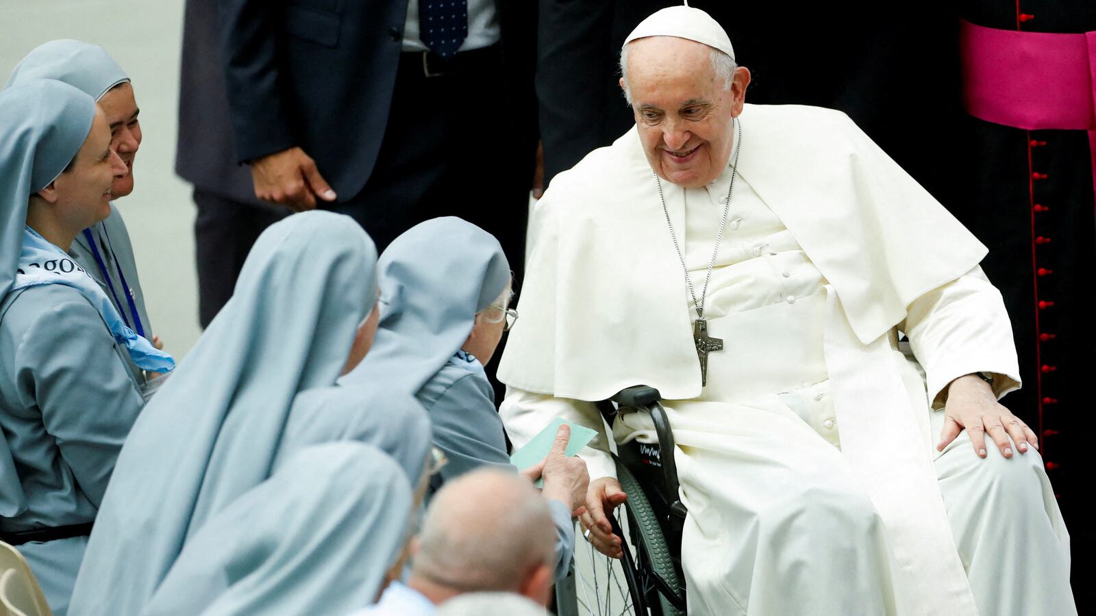 Pope Francis attends a meeting with nuns of Sisters Disciples of Jesus in the Eucharist in Paul VI hall, at the Vatican, Aug. 25, 2023.