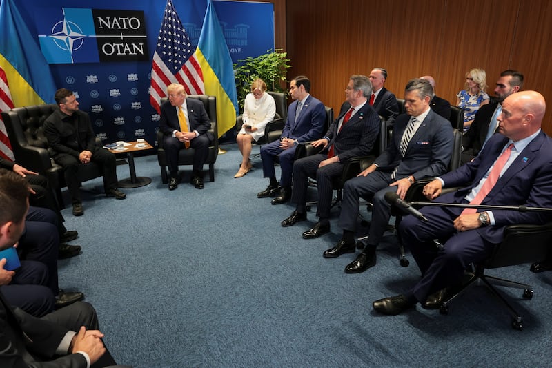 U.S. President Donald Trump holds a bilateral meeting with Ukrainian President Volodymyr Zelenskiy alongside the NATO leaders summit at the Bestepe Presidential Compound, joined by U.S. Defense Secretary Pete Hegseth, Treasury Secretary Scott Bessent and Secretary of State Marco Rubio, in Ankara, Turkey, July 8, 2026. REUTERS/Jonathan Ernst