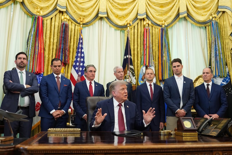 President Donald Trump brought up owning the Miss Universe Organization and thus knowing Venezuela for a long time while taking questions during an announcement on American nuclear innovation in the Oval Office at the White House on July 24, 2026.