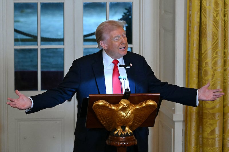 US President Donald Trump speaks during a dinner with ballroom donors in the East Room of the White House in Washington, DC on October 15, 2025. US President Donald Trump, who is remodeling the White House to his tastes, will build a massive ballroom for hosting official receptions, one of the largest projects at the US executive mansion in over a century. (Photo by ANDREW CABALLERO-REYNOLDS / AFP) (Photo by ANDREW CABALLERO-REYNOLDS/AFP via Getty Images)
