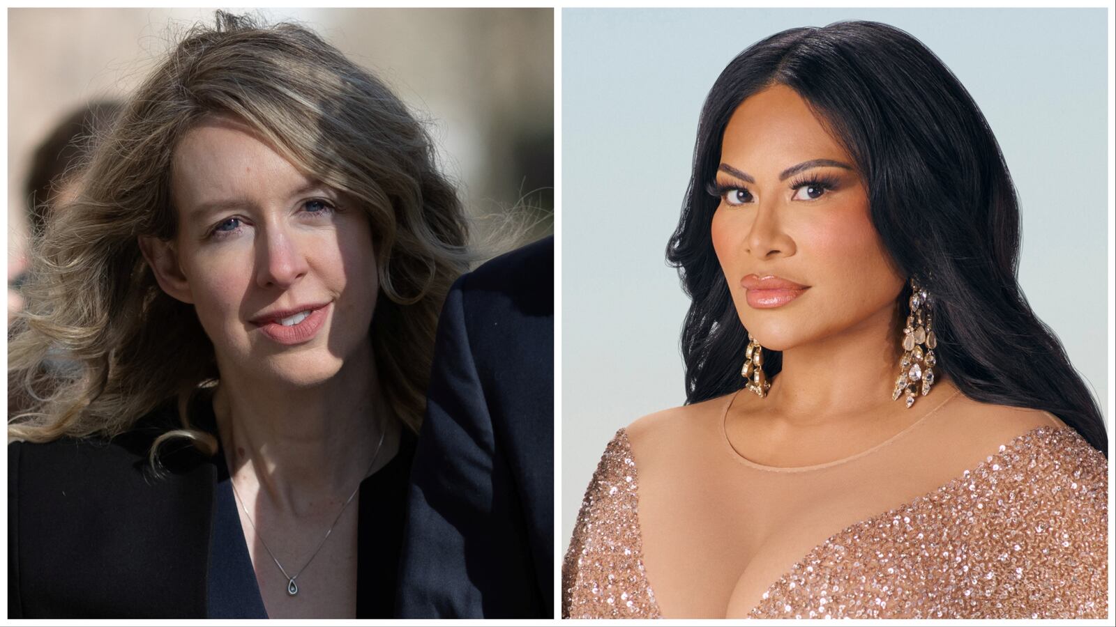A side-by-side image of Elizabeth Holmes and Jen Shah.