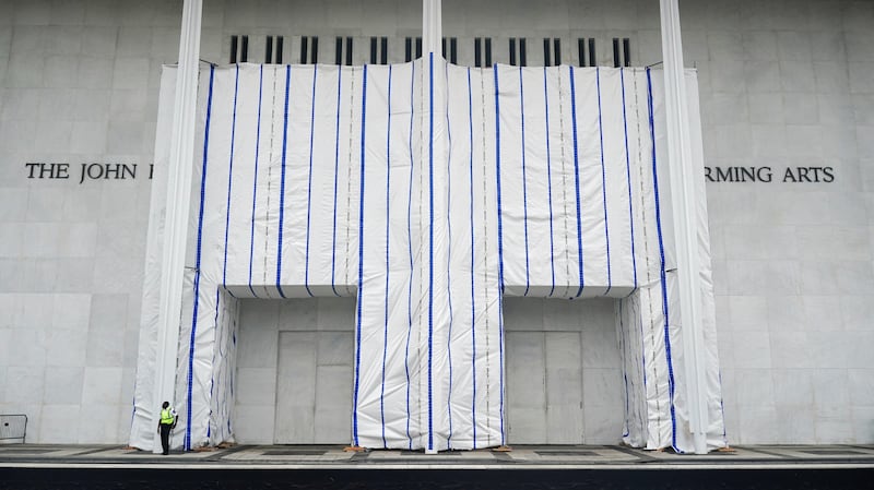 A tarp covers the facade of the John F. Kennedy Memorial Center for the Performing Arts, following a federal judge’s order to remove U.S. President Donald Trump's name from the institution.