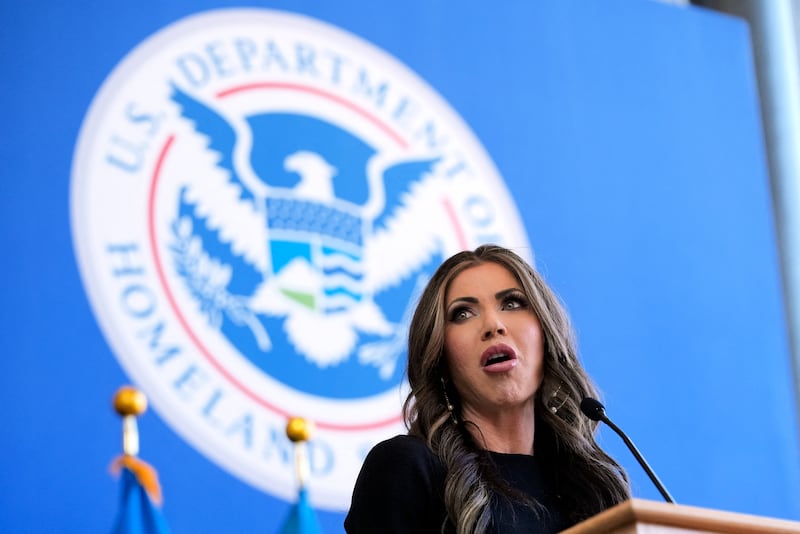 US Secretary of Homeland Security Kristi Noem speaks to staff for the first time at Department of Homeland Security (DHS) headquarters in Washington, DC, on January 28, 2025.