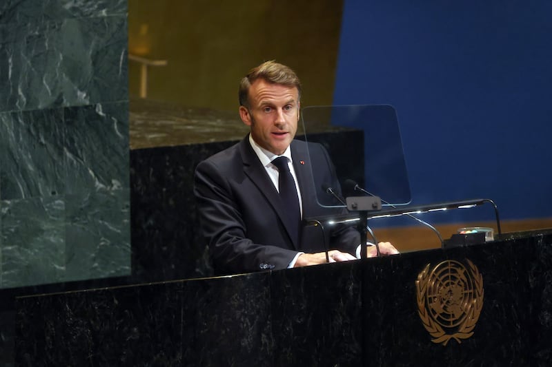NEW YORK, NEW YORK - SEPTEMBER 22: French President Emmanuel Macron speaks at a United Nations (UN) General Assembly meeting being organized by France and Saudi Arabia in support of a two-state solution between Palestine and Israel on September 22, 2025 in New York City. France is expected to be the latest country to recognize the state of Palestine. Israel and the United States will boycott the summit. This year’s theme for the annual global meeting is: “Better together: 80 years and more for peace, development and human rights.” Gaza and Ukraine are just two of the global emergencies that world leaders will look to address. (Photo by Spencer Platt/Getty Images)