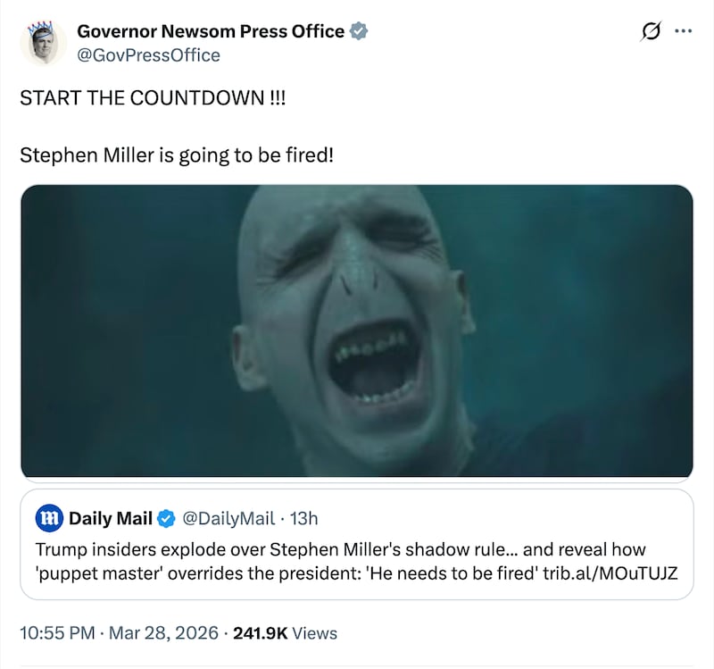 Gavin Newsom predicts Stephen Miller will be fired.