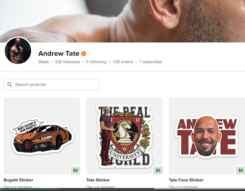 Images of stickers featuring Andrew Tate