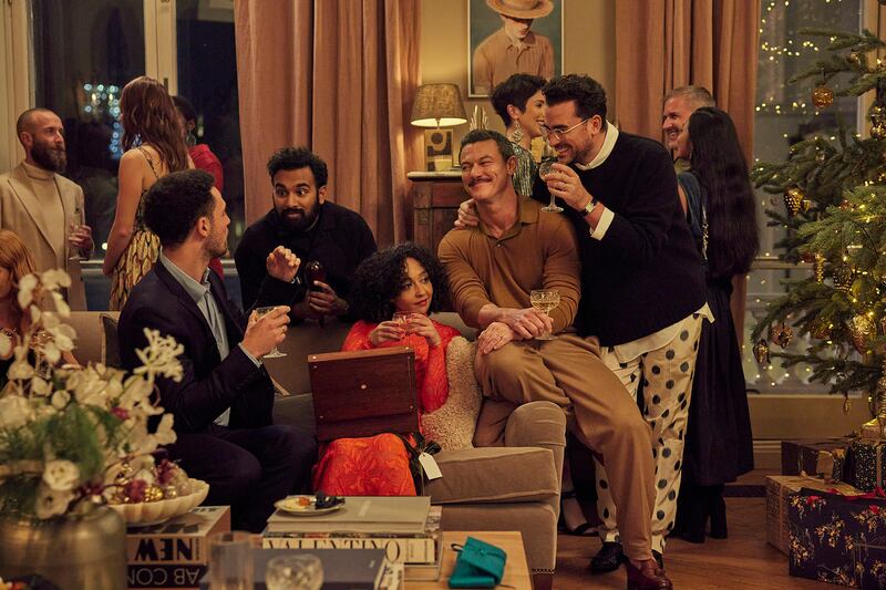 Jamael Westman, Himesh Patel, Ruth Negga, Luke Evans and Daniel Levy in Good Grief.
