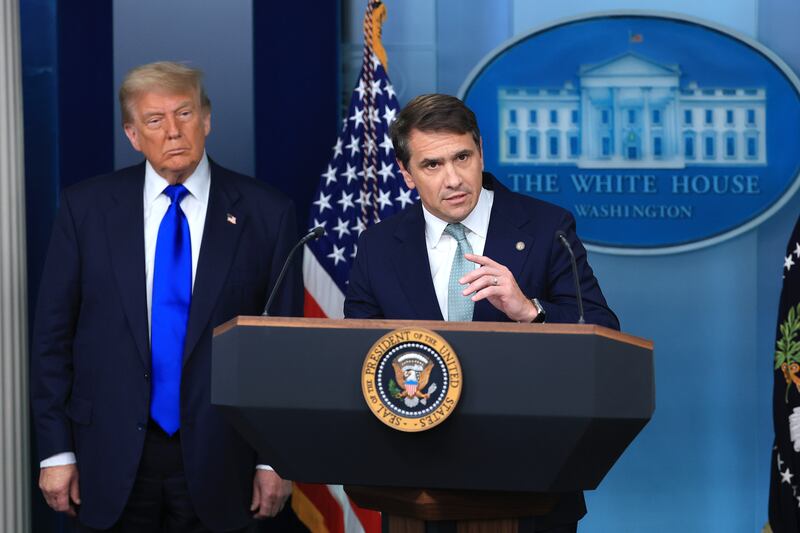 U.S. Deputy Attorney General Todd Blanche, joined by President Donald Trump, speaks at a press conference on recent Supreme Court rulings in the briefing room at the White House on June 27, 2025 in Washington, DC.
