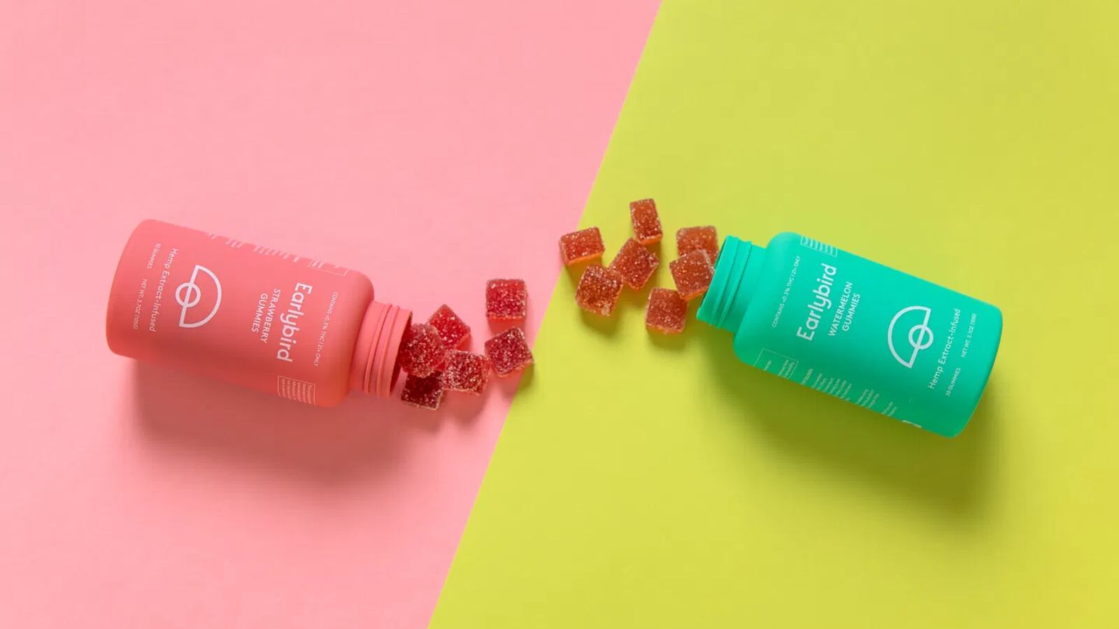 Two bottles of Earlybird CBD gummies on a pink and yellow background.