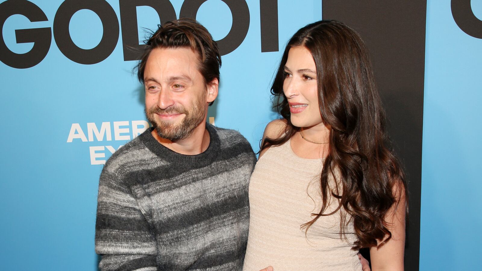 NEW YORK, NEW YORK - SEPTEMBER 28: Kieran Culkin and Jazz Charton pose at the opening night of the new Jamie Lloyd production of "Waiting for Godot" on Broadway at The Hudson Theatre on September 28, 2025 in New York City. (Photo by Bruce Glikas/WireImage)