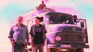 A photo illustration of Sergi López, Joshua Liam Herderson, Stefania Gadda, and Richard 'Bigui' Bellamy in Sirat.