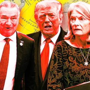 A photo illustration of Lisa Murkowski and Don Bacon with Donald Trump Trump yelling about Greenland.